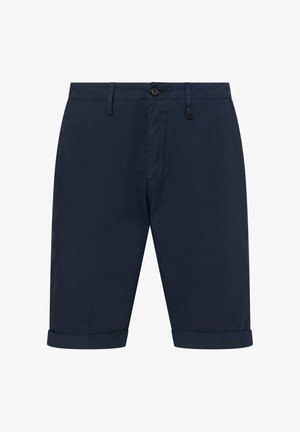 Pantaloni scurți pentru bărbați, de culoare albastru marin, până la genunchi, cu nasture, găici pentru curea, buzunare frontale și tiv răsucit.