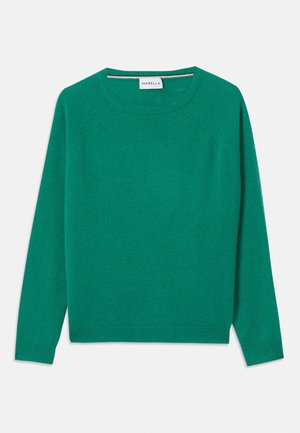 Green knit sweater with a round neckline, long raglan sleeves, and ribbed cuffs and hem. Smooth texture, simple design without patterns.