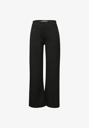 Sorte bukser med vidde i benene, høj elastisk linning, glat tekstur og enkelt design, vist forfra på en hvid baggrund.