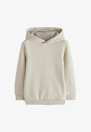 Haut à capuche beige clair avec un motif en diamond texturé. Comprend une capuche classique et des poignets et un ourlet côtelés pour un ajustement confortable. Composition en tissu doux.