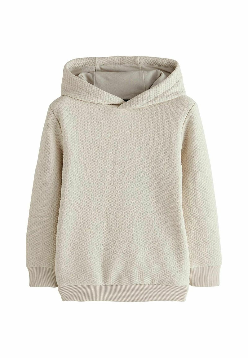 Jasno beżowy hoodie z teksturowanym, diamentowym wzorem. Posiada klasyczny kaptur oraz ściągacze na mankietach i u dołu, zapewniające dopasowanie. Miękka tkanina.