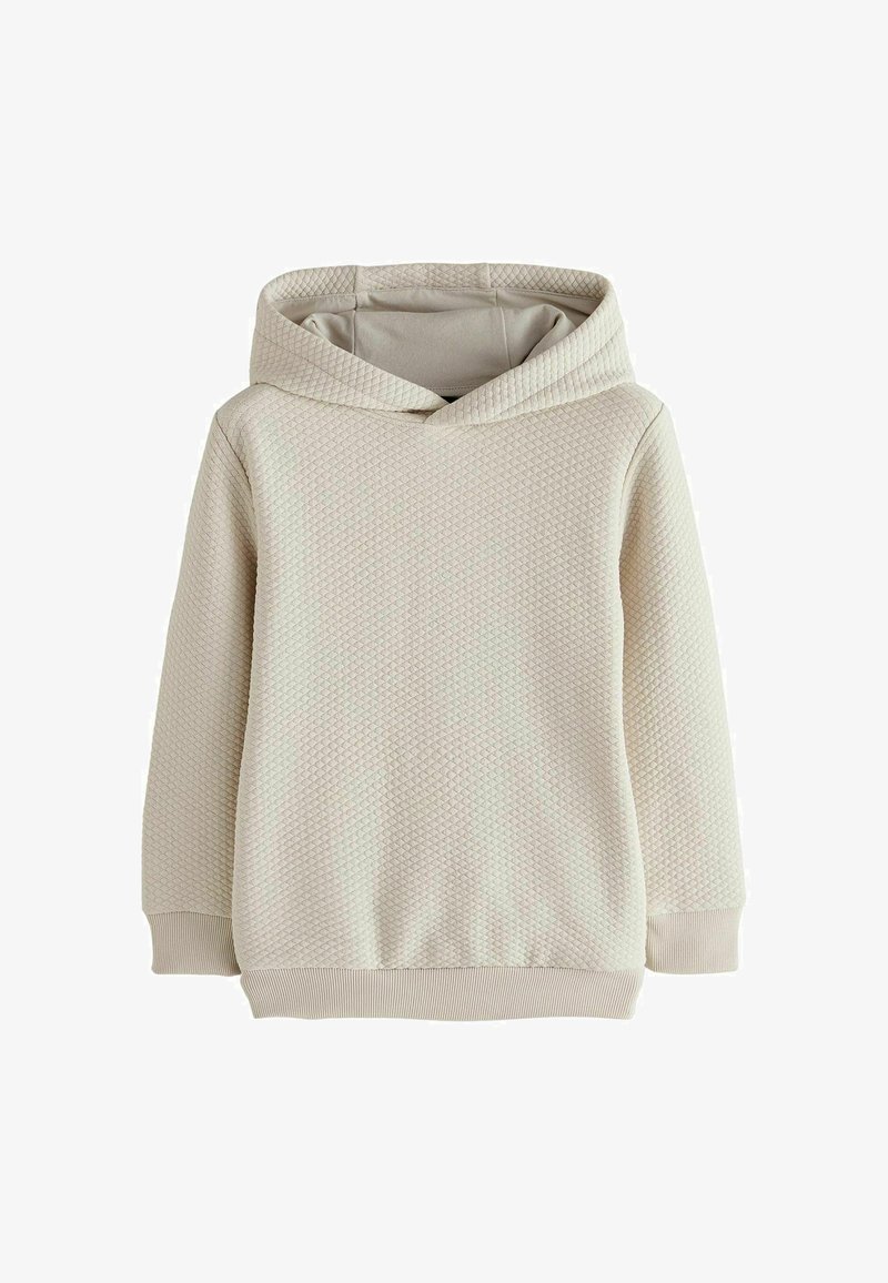 Hellebeige Kapuzenpullover mit einem strukturierten, diamantartigen Muster. Verfügt über eine klassische Kapuze sowie gerippte Bündchen und Saum für eine enganliegende Passform. Weiche Stoffzusammensetzung.