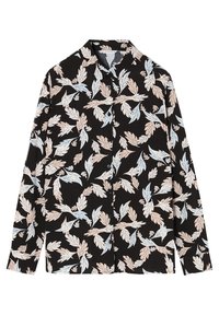 Black long-sleeve shirt featuring a floral pattern in light blue and beige leaves. Button-down front with a classic collar.