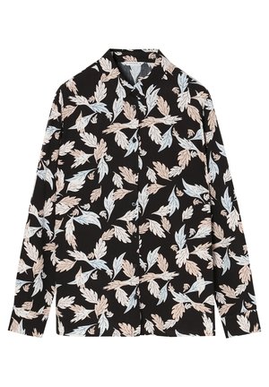 Schwarzes Langarmshirt mit floralen Mustern in hellblauen und beigen Blättern. Knopfleiste vorne mit klassischem Kragen.