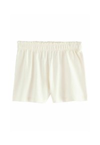 Shorts en coton couleur crème avec une taille élastique, présentant une texture lisse et un design décontracté sans motifs ni ornements.