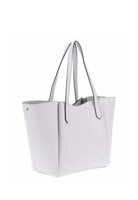 Borsa tote grigia chiara realizzata in materiale liscio, dotata di due lunghe maniglie, apertura superiore e cuciture nere a contrasto lungo i bordi.