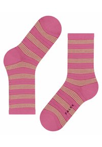 Rosa Socken mit horizontalen Streifen in hellbeige und rot. Hergestellt aus strukturiertem Stoff mit verstärkten Zehen- und Fersenbereichen.