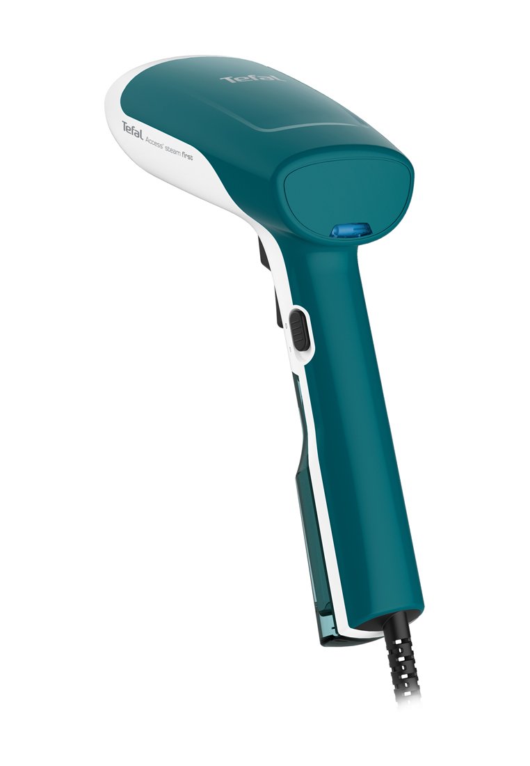 Handheld Teefal Textil-Dampfer in Türkis und Weiß mit ergonomischem Griff, Dampftaste und angeschlossenem Stromkabel.