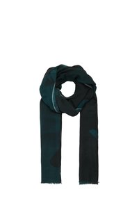 Écharpe vert foncé et noire, en tissu doux et texturé avec un subtil motif abstrait, finie par des bords effilochés.