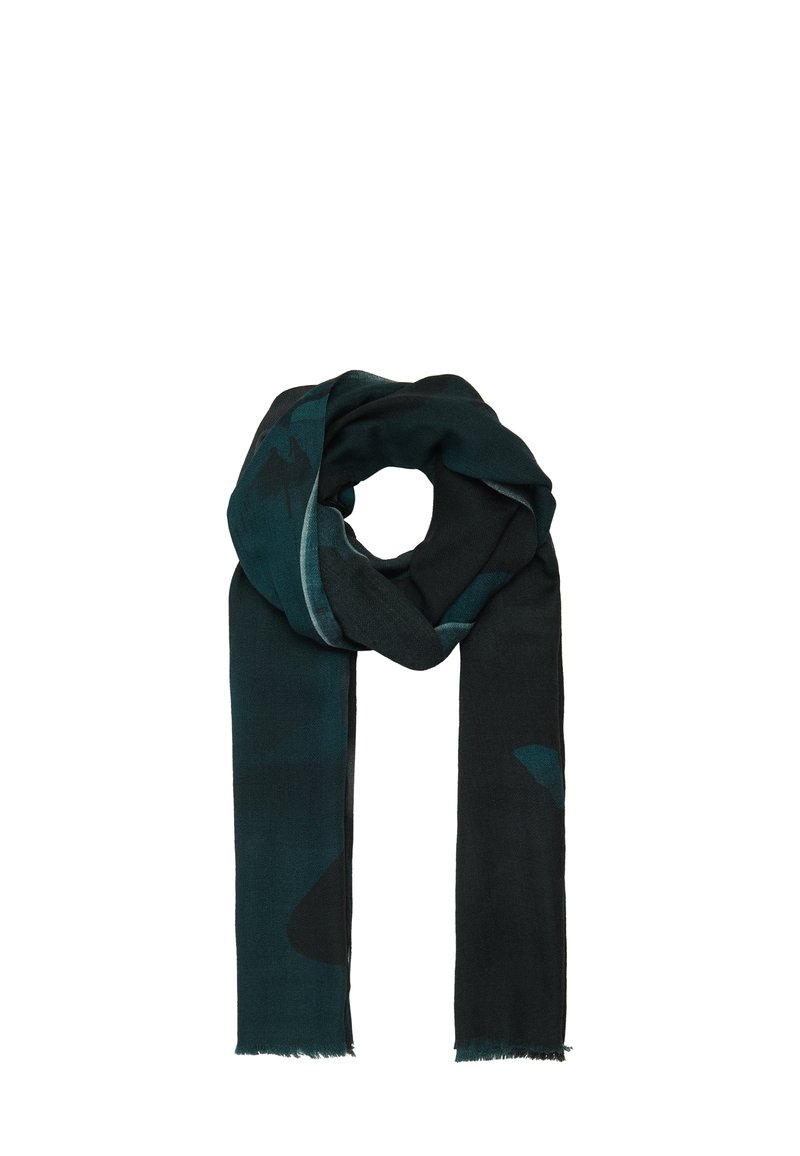 Écharpe vert foncé et noire, en tissu doux et texturé avec un subtil motif abstrait, finie par des bords effilochés.