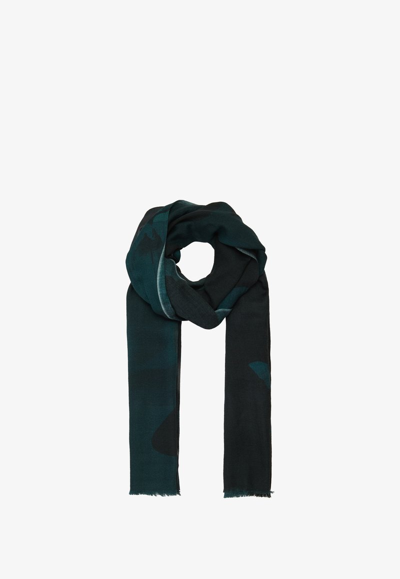 Écharpe vert foncé et noire, en tissu doux et texturé avec un subtil motif abstrait, finie par des bords effilochés.