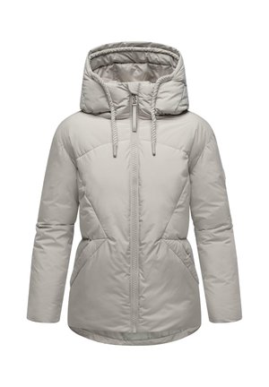 Doudoune légère grise avec capuche, fermeture éclair à l'avant, cordons de serrage et poches latérales, conçue pour les temps froids.