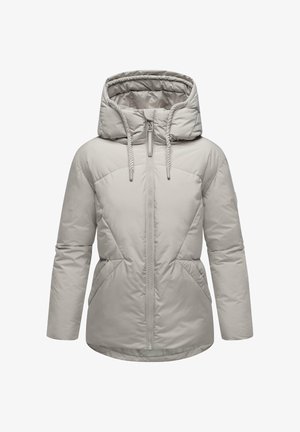 Gaiši pelēks siltināts ziemas jaka ar kapuci, priekšējo rāvējslēdzēju, regulējamām auklām un sānu kabatām, paredzēta aukstajam laikam.