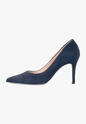 Escarpins à talon aigu en suède bleu marine avec un bout pointu, une découpe subtile sur le devant, et un talon stiletto élancé. Surface lisse et texturée.