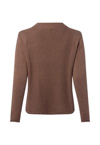 Brauner Strickpullover mit langen Ärmeln, Rundhalsausschnitt und lässiger Passform. Verfügt über eine feine Textur und Seitenschlitze am Saum.