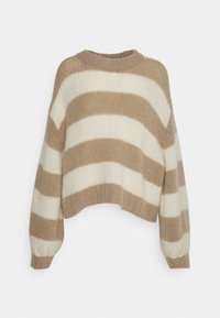 Pull rayé en beige clair et crème, avec un col rond, une coupe ample et des poignets côtelés, confectionné en matière douce et texturée.