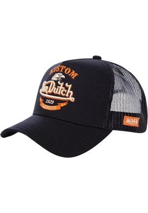 Casquette de camionneur noire avec un pic courbé, des côtés en maille et un logo brodé orange "Kustom Dutch 1929 Classics" à l'avant.