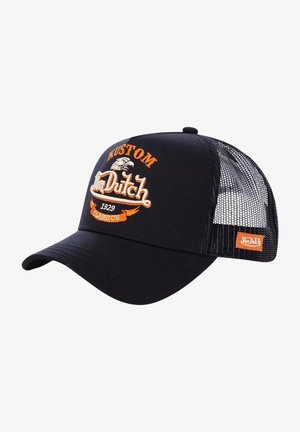 Casquette de camionneur noire avec un pic courbé, des côtés en maille et un logo brodé orange "Kustom Dutch 1929 Classics" à l'avant.