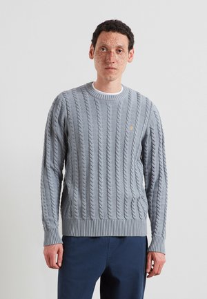 Uomo con capelli corti e ricci e lentiggini indossa un maglione grigio chiaro a trecce e pantaloni blu scuro su uno sfondo chiaro uniforme.