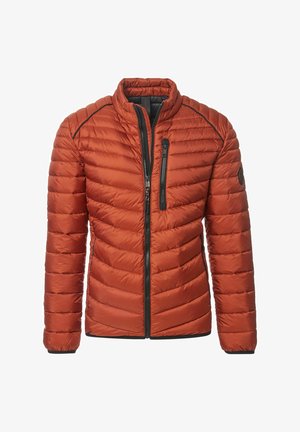 Padded orange jacket mit Stehkragen, ausgestattet mit schwarzen Reißverschluss-Schließen und seitlichen Akzenten sowie einem gesteppten Design zur Isolierung.