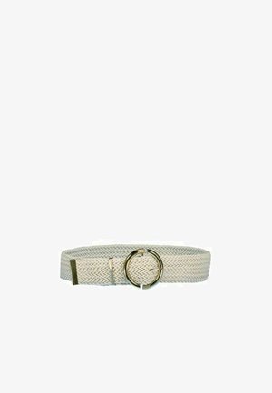 Ceinture en tissu beige tressé avec une boucle ronde en métal doré et une extrémité rectangulaire en métal doré sur fond blanc.
