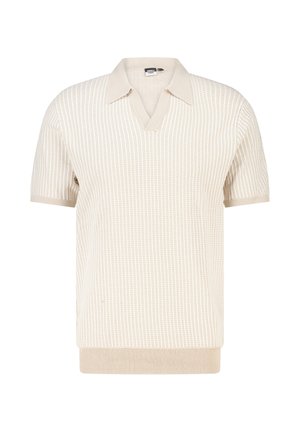 Beige gebreid poloshirt met korte mouwen, voorzien van getextureerde verticale strepen en een geribde zoom en manchetten.
