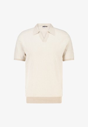 Beige gebreid poloshirt met korte mouwen, voorzien van getextureerde verticale strepen en een geribde zoom en manchetten.