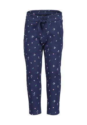 Mørkeblå børnesweatpants med små rosa, hvide og grønne blomstermønstre, elastisk talje og snørebånd foran.