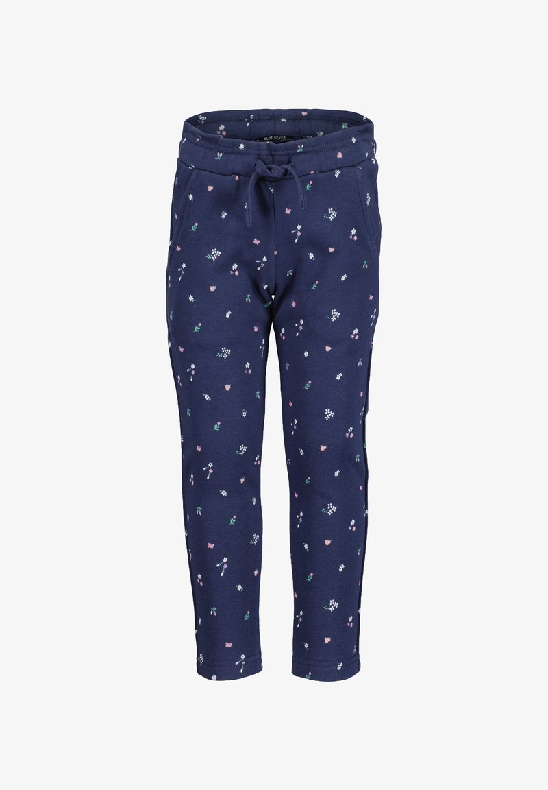 Pantalons de survêtement pour enfants bleu marine avec de petits motifs floraux roses, blancs et verts, taille élastique et cordon de serrage à l'avant.