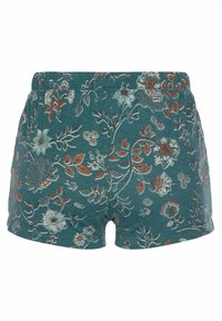 Bloemige shorts in teal stof, met een gedetailleerd patroon van rode en witte bloemen, een elastische tailleband en een ontspannen pasvorm.