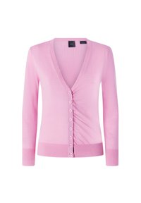 Ružičasti kardigan dugih rukava s V-izrezom, dugmadi sprijeda i rebrastim uzorkom. Mekana tekstura i prilagođeni dizajn s ravnim rubom i naglascima na manžetama.