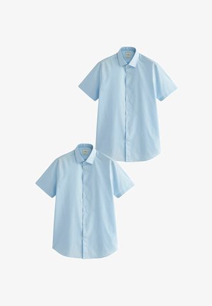 Heledad sinised lühikeste varrukatega särgid, mis on valmistatud puuvillast, terava krae, nupuga esiosa ja kaarduva hemiga. Kaks särki on välja pandud.