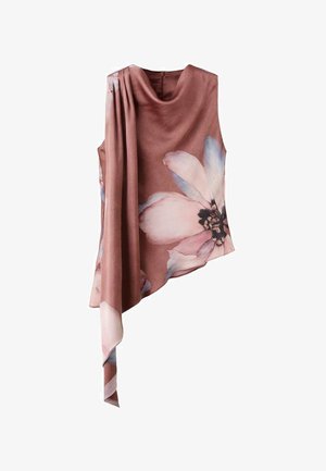 Top senza maniche in tessuto rosa chiaro con grande motivo floreale. Design asimmetrico, scollo drappeggiato e dettaglio laterale fluente.