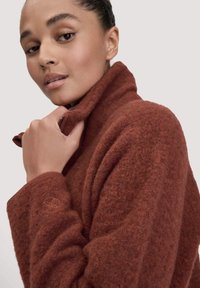 Rostfarbener Wollmantel mit hohem Kragen, strukturiertem Stoff und dezentem besticktem Detail am Ärmel, das ein weiches, gemütliches Aussehen vermittelt.