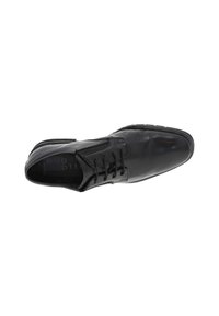 Chaussure de ville en cuir noir avec un bout rond, un laçage, une finition lisse et des détails de surpiqûres subtils sur le dessus.