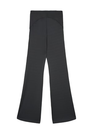 Schwarze Hosen mit weitem Bein, die eine glatte Textur und einen hochgeschnittenen, elastischen Bund aufweisen. Das Design ist schlicht, ohne sichtbare Muster oder Verzierungen.