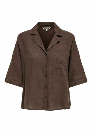 Bruin overhemd met korte mouwen, knoopsluiting, kraag en borstzak, gemaakt van lichtgewicht linnen stof.