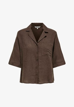 Brūna īsroku krekls ar pogām, apkakli un krūšu kabatu, izgatavots no viegla lina auduma.