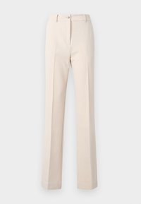 Beige tailored trousers with a straight leg, featuring a button closure, front pleats, and a smooth texture.