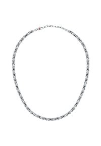 Collana in metallo argento con catena composta da anelli rettangolari intrecciati. Finitura lucida con un piccolo accento rosso sulla chiusura.