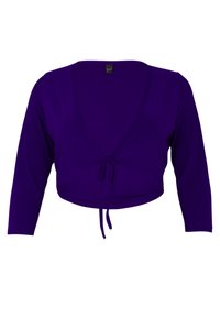 Paarse cropped top met een diepe V-hals, lange mouwen en een voorste striksluiting voor een verstelbare pasvorm. Zachte, rekbare stoftextuur.