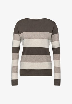 Langdurig-sweater met lange mouwen, gekenmerkt door horizontale strepen in donkerbruin, lichtbruin en crème. Gemaakt van zachte gebreide stof met een ronde halslijn.