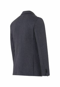 Dunkelgrauer Blazer mit taillierter Passform, Reverskragen und einer einzelnen Rückenschlitze. Hergestellt aus glattem Stoff mit texturiertem Finish.