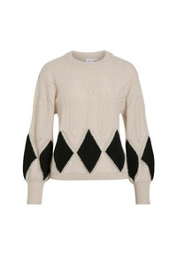 Beige pletený svetr s diamantovým vzorem v černé barvě na dolní polovině, se zvýšenými rukávy a žebrovanými manžetami a spodním lemem.