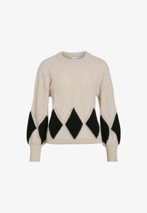 Beżowy sweter z dzianiny z diamentowym wzorem w czerni na dolnej części, z bufkami na rękawach oraz ściągaczami na rękawach i dolnym końcu.