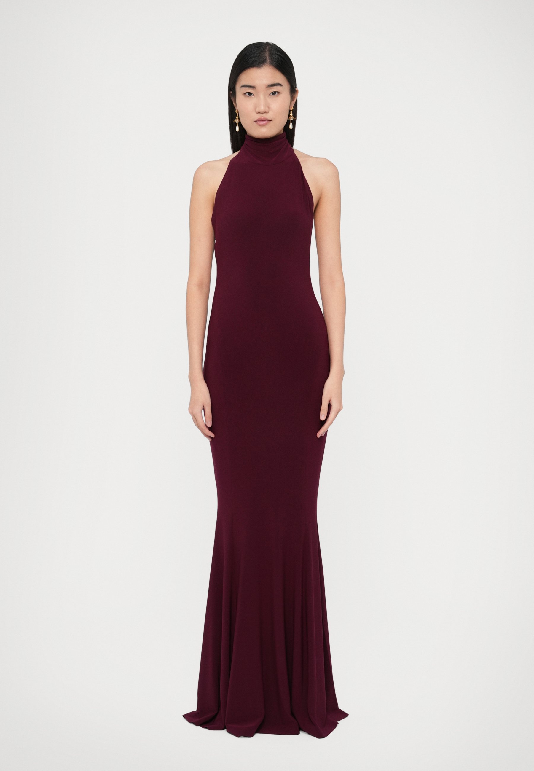 burgundy halter midi dress Burgundy Satin Halter Maternity Midi Dress main image 1