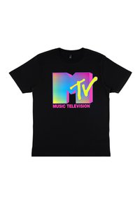 Černé bavlněné tričko s barevným gradientovým logem, na kterém je tučně napsáno "MTV" a pod ním v růžové barvě "MUSIC TELEVISION". Standardní design s kulatým výstřihem.