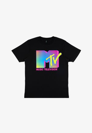 Zwarte katoenen T-shirt met een kleurrijke gradient logo met "MTV" in vetgedrukte letters en "MUSIC TELEVISION" eronder in roze. Standaard ronde hals ontwerp.