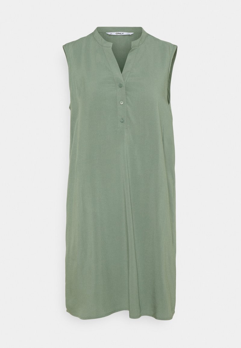 Robe sans manches vert pâle longueur genou avec un col rond et trois boutons sur la patte de boutonnage devant, confectionnée dans un tissu léger.