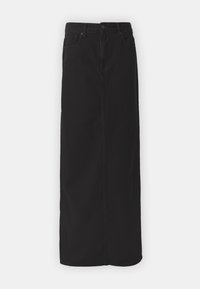 Svart högmidjad jeansmaxikjol med framknäppning, bälteshällor och två framfickor, visad på vit bakgrund.